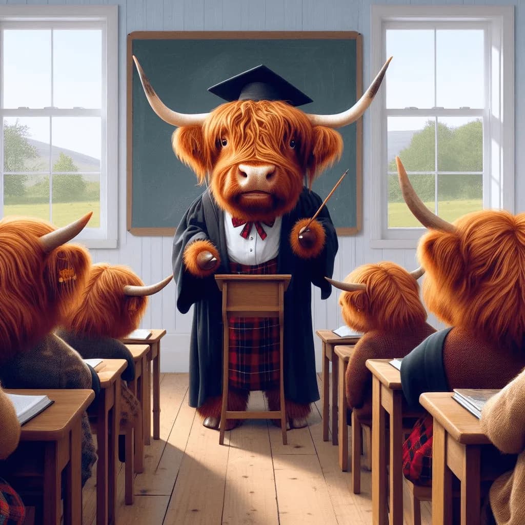 A cow giving a lecture to a classroom of smaller cows