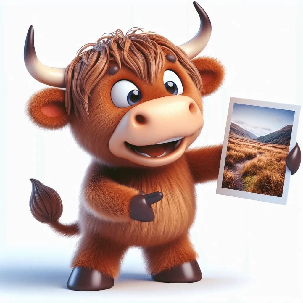 A cartoon cow holding up a photo