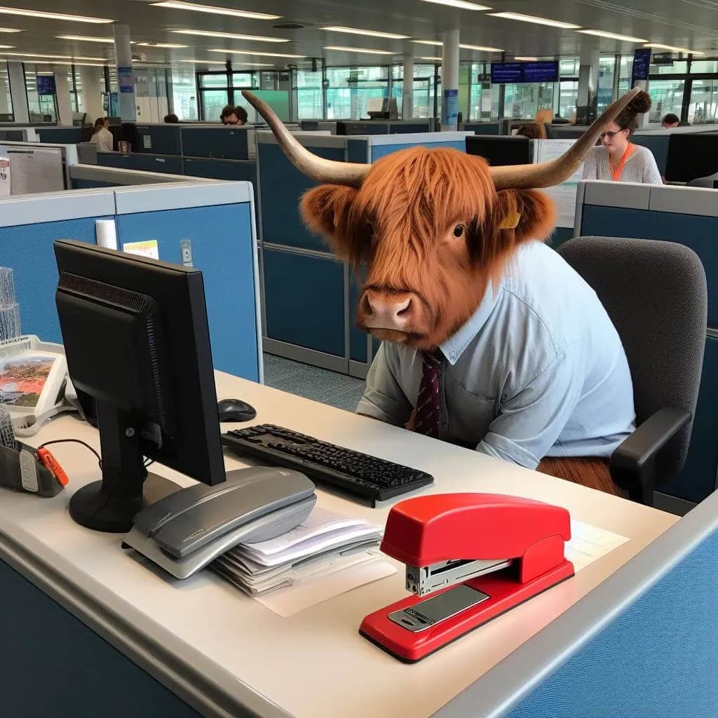 A cow sat at an office desk with a big, red stapler on the table