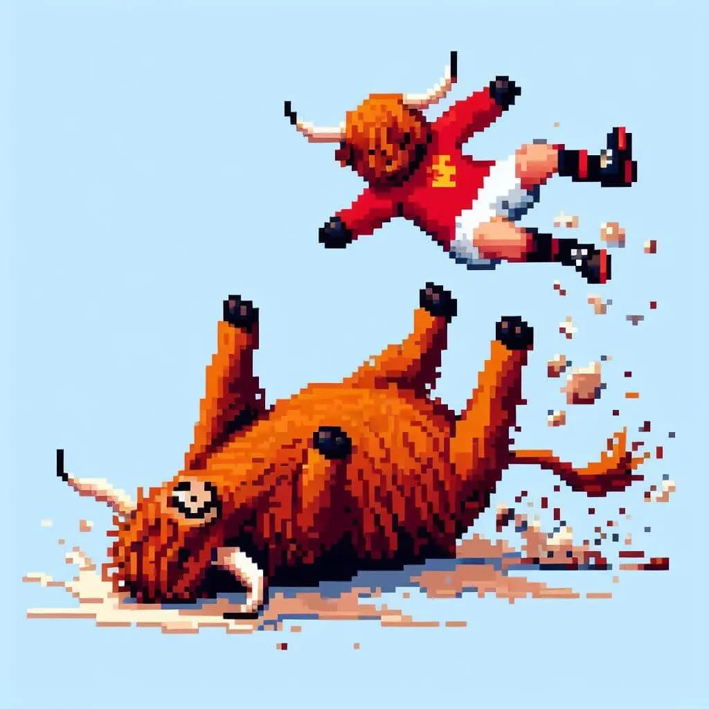 A pixelated cow in a wrestling match. I think