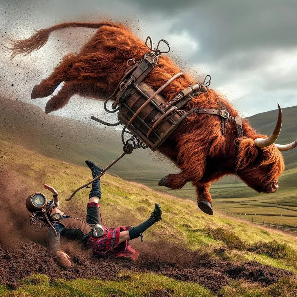 A steampunk Highland cow and its friend.